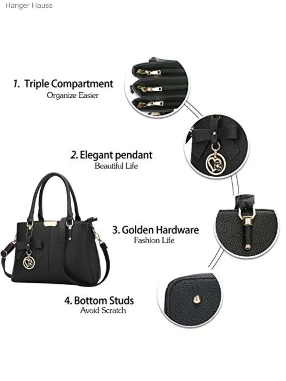 PU Leather Top Handle Satchel Bag with 3 Zippered Compartments, Medium Size,